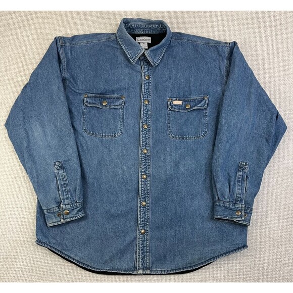 Vintage Carhartt Jacket Men's XL Tall Blue Denim Fleece Lined Shacket S115DST - Picture 1 of 9
